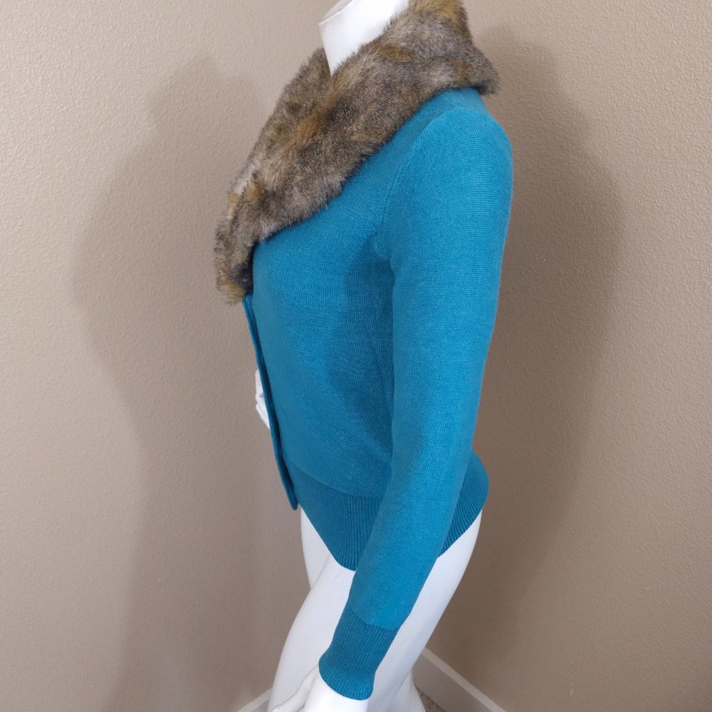 Cabi #3018 Teal Tearoom Cardigan With Removable Faux Fur~Size Xs View 5